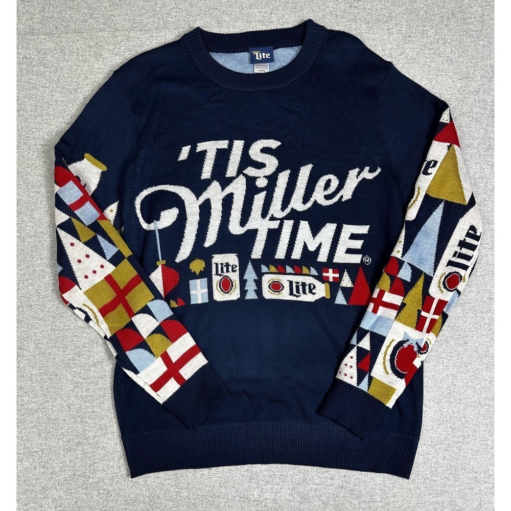 Miller Lite Sweater Mens Large Navy Blue 'Tis Miller Time Ugly Christmas Beer